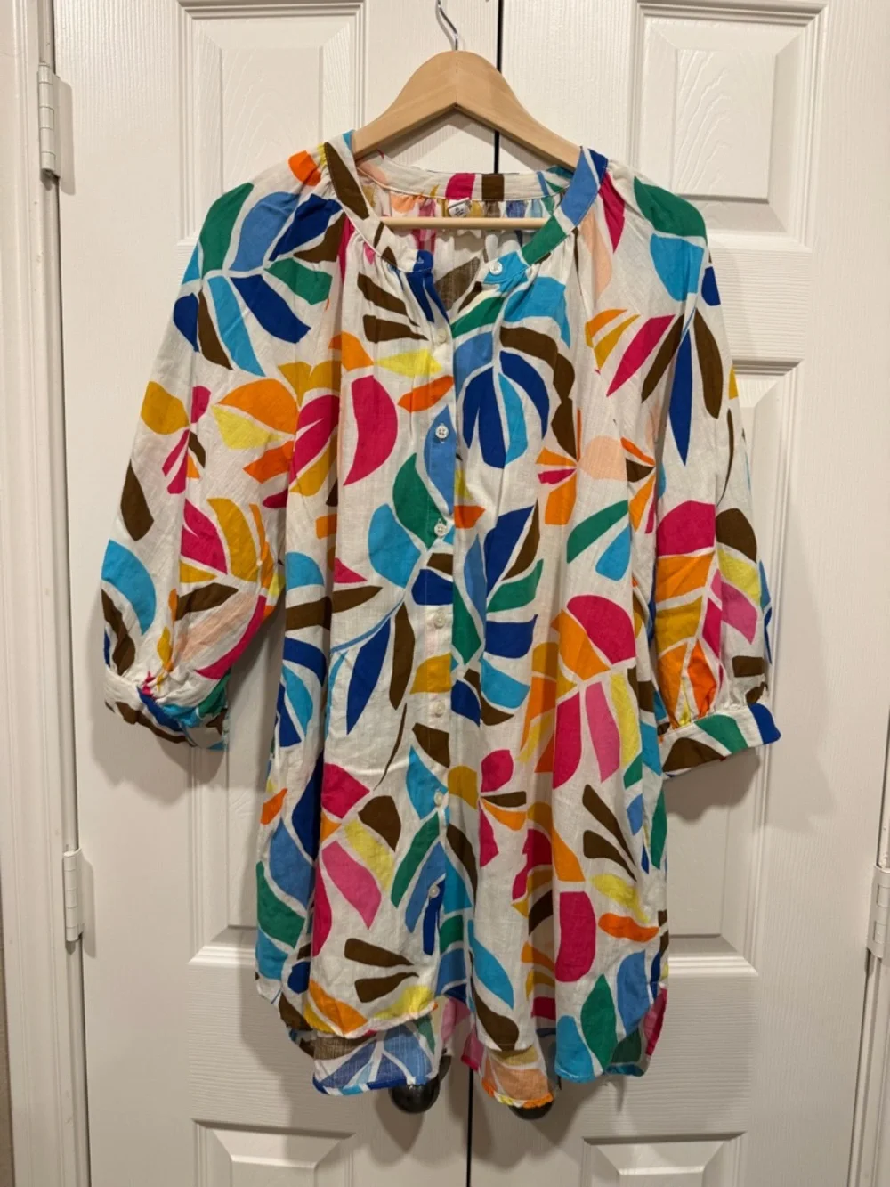 Bright Multicolor Leaf-Print Tunic Dress - Women's Plus - Picture 3 of 11